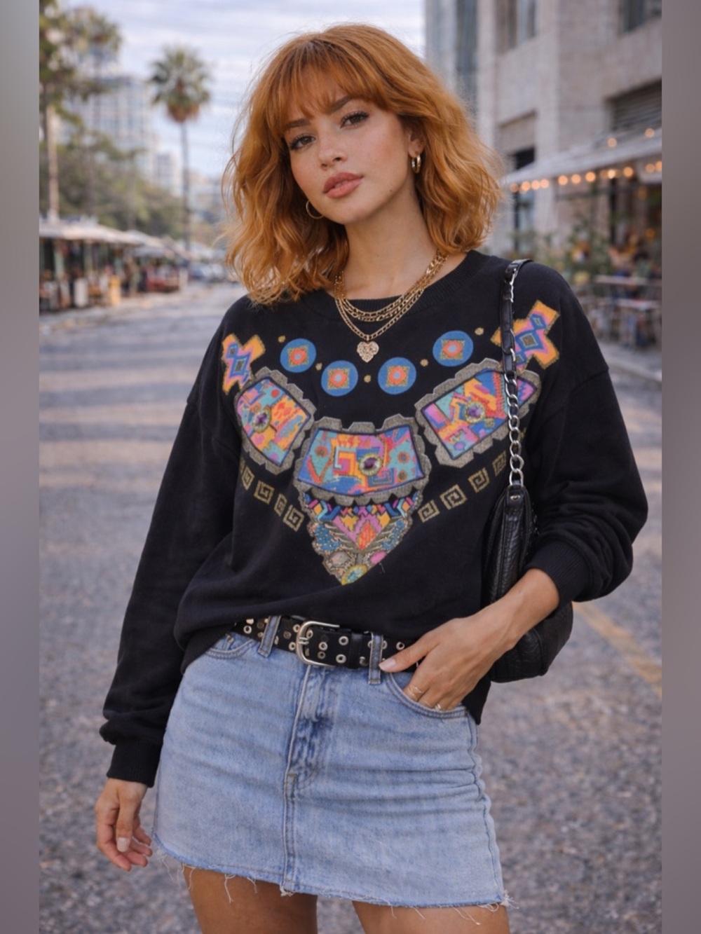 Vintage United States Sweaters Jeweled Graphic Cotton Sweater Made USA L